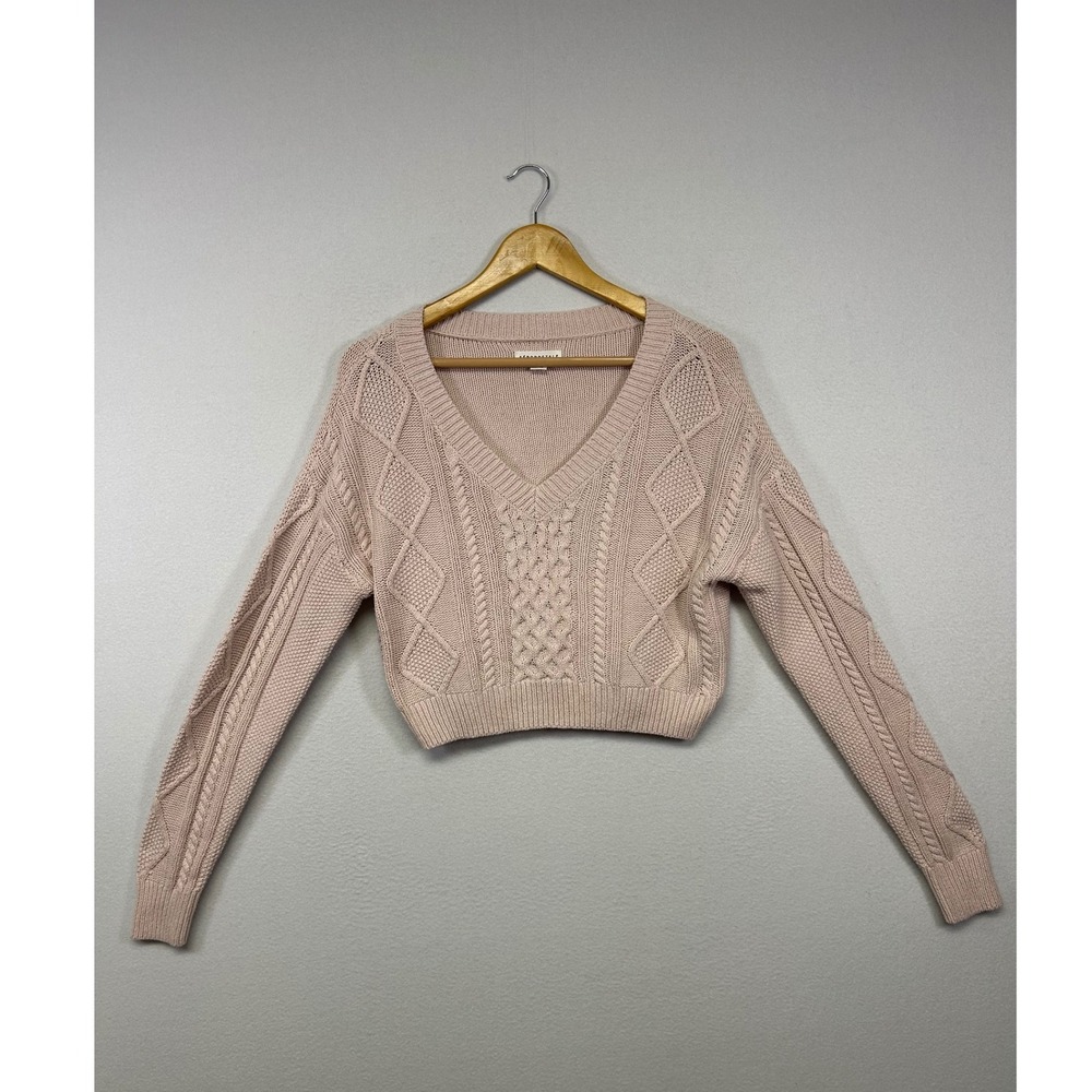 Coquette Aeropostale Womens Small Pink Cropped Cable Knit V-Neck Sweater